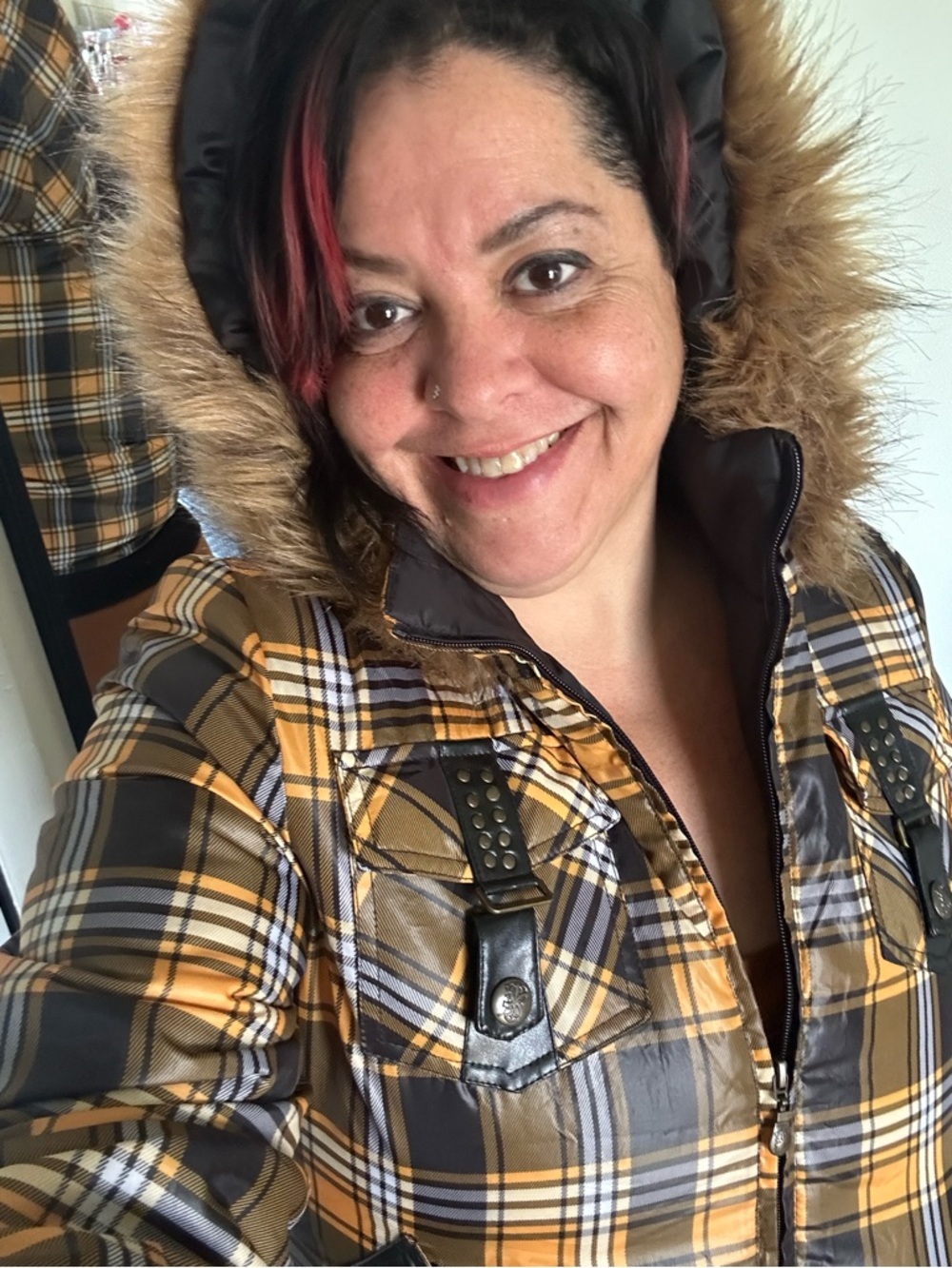 South Pole Plaid Puffer Coat in Yellow and Black with Faux-Fur Hood